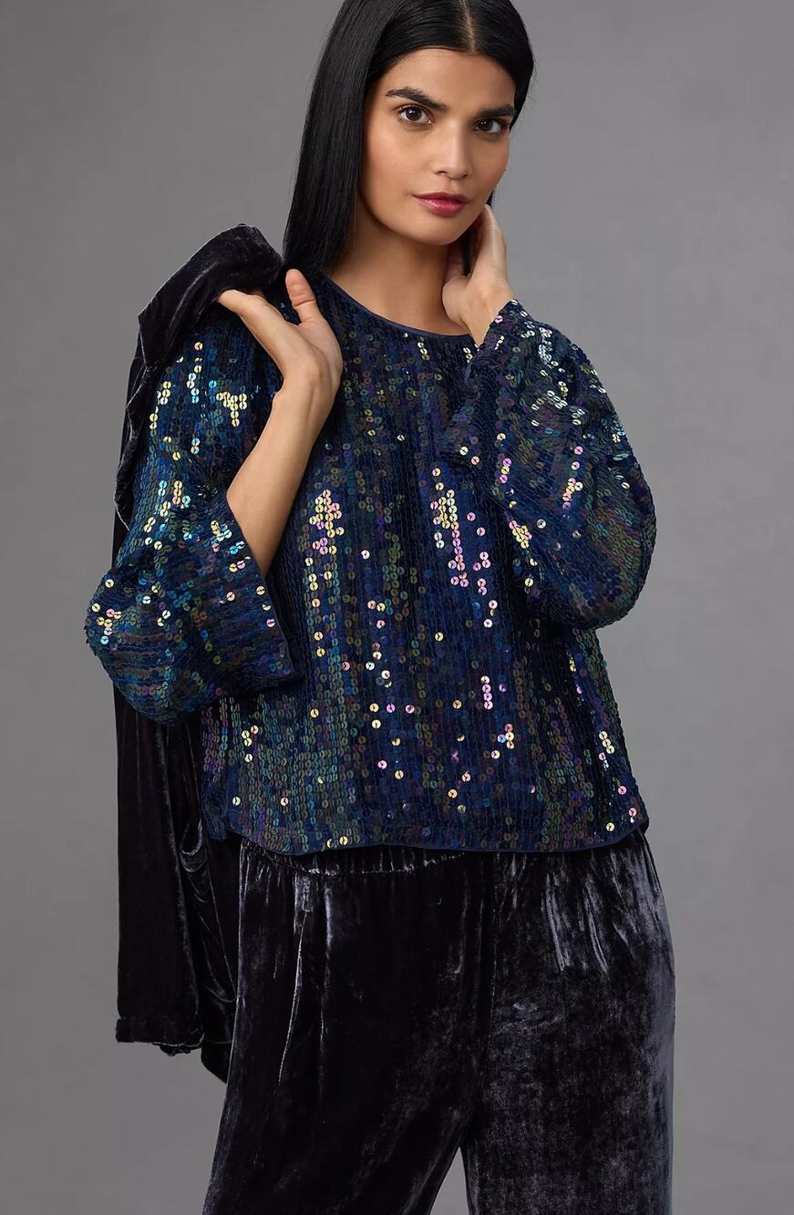 NWT Velvet by Graham & Spencer Blue Sequin Blouse - Size Large